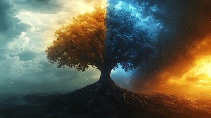 Wall Mural - A majestic tree split by opposing forces of fire and ice, symbolizing duality and contrast.