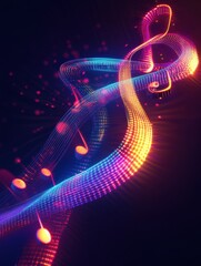 Poster - Flowing musical staff lines in vibrant neon tones illuminate the dark background. Generative AI