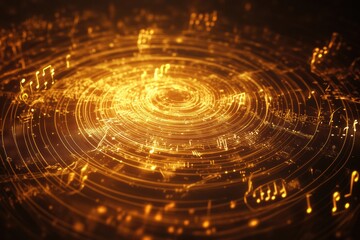 Aufkleber - Illuminated 3D music notes swirling in a golden vortex creating a mesmerizing visual harmony. Generative AI