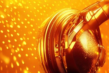 Poster - 3D close up view of stylish gold headphones with a vibrant orange background creating a lively atmosphere. Generative AI