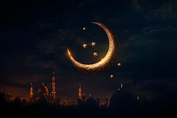 Wall Mural - a stunning crescent moon against the night sky, marking the beginning of ramadan, creativity with co