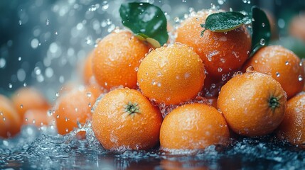 Wall Mural - Close-up of fresh oranges with water droplets