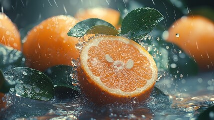 Wall Mural - Juicy orange with water droplets in a close-up view