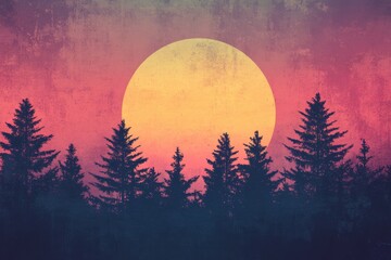 Poster - Retro risograph inspired landscape featuring a vibrant sunset over a forest silhouette with colorful gradients. Generative AI