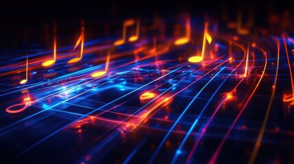 Aufkleber - Floating musical notes create a vibrant glow on flowing neon staff lines against a dark backdrop. Generative AI