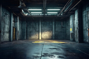 Wall Mural - a 3d-rendered dark, grungy industrial basement room with a low-key white light background texture pr
