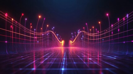 Fototapete - Vibrant abstract 3D design featuring colorful light trails and a reflective grid at night. Generative AI