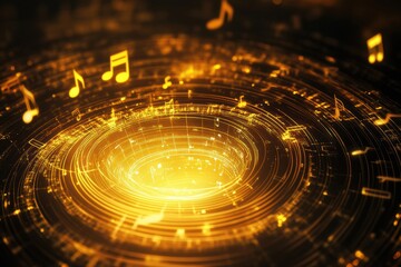 Aufkleber - Creative design of glowing 3D music notes swirling around a sparkling vortex in a vibrant space. Generative AI