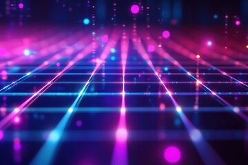 Poster - Dynamic 3D grid with glowing neon lights in vibrant colors creating a futuristic ambiance. Generative AI