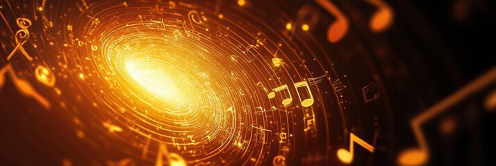 Poster - Exploring vibrant 3D music notes swirling in a cosmic background during a creative artistic vision. Generative AI