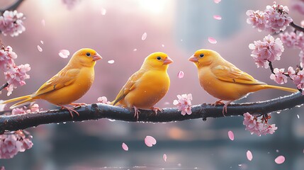 Wall Mural - Three yellow birds perched on a blossoming cherry branch, petals falling.