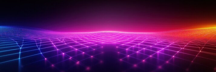 Aufkleber - Impressive 3D visualization of a colorful grid landscape with radiant lights at dusk. Generative AI