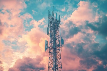 massive telecommunication tower stands tall against dramatic sky. colorful clouds fill sky. tech equ