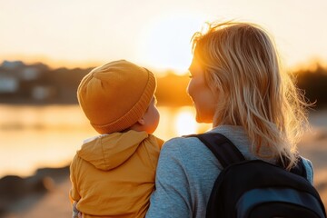 Canvas Print - Mother and child embrace a golden sunset by the water, creating a memory of love and warmth