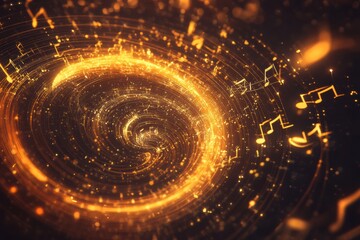 Fototapete - Spiral of glowing 3D music notes creating an artistic display of sound and light in a cosmic setting. Generative AI