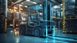 © Ruhi - Forklift hologram. Digital and technological background and a forklift. Futuristic forklift design