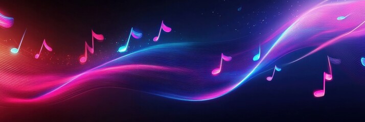 Aufkleber - Flowing musical staff lines glow in vibrant neon colors representing sound and creativity. Generative AI