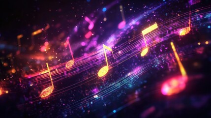Fototapete - Flowing musical staff lines create a vibrant display of neon tones in a mesmerizing abstract design. Generative AI