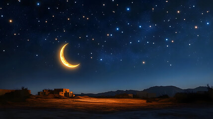 Wall Mural - a serene night sky filled with twinkling stars and a crescent moon, symbolizing the beginning of the