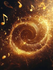 Poster - 3D swirling golden music notes create a mesmerizing spiral pattern in a dynamic composition. Generative AI
