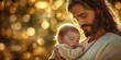 © Vadym - Jesus Christ lovingly holds sleeping baby. Gentle light, blurred background create serene, peaceful scene. Moment of care, tenderness. Spiritual image suitable for religious publications. Focus on