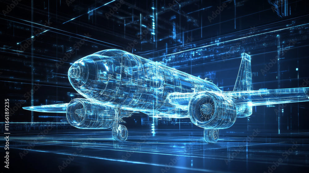 Hologram plane. A holographic projection of the single-engine plane ...