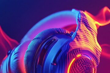 Poster - Close up view of vibrant 3D headphones showcasing intricate design and glowing elements in a modern setting. Generative AI