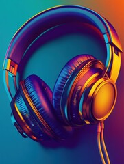 Poster - Close up view of vibrant 3D headphones showcasing modern design and vivid colors in a creative setting. Generative AI