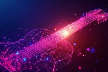 Poster - Digital representation of a vibrant electric guitar in a futuristic setting with glowing lines and nodes. Generative AI