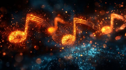 Wall Mural - a series of glowing musical notes flowing gracefully from the top right corner of the image, with a 