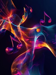 Fototapete - Flowing musical staff lines illuminated by glowing neon tones create a vibrant and dynamic visual expression of sound. Generative AI