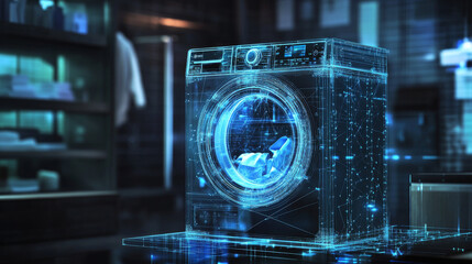 Hologram washing machine. Washing machine made of polygons, triangles of points and lines. Washing machine low-poly connection structure. The technology concept.