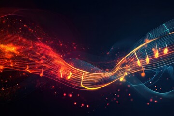 Fototapete - Flowing musical staff lines with glowing neon tones creating a vibrant atmosphere in a dark background. Generative AI