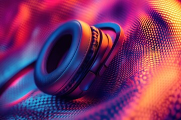 Poster - Close up view of vibrant 3D headphones showcasing intricate details and textures against colorful background. Generative AI