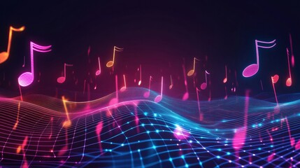 Poster - Vibrant musical notes floating above a colorful digital landscape during a nighttime scene. Generative AI