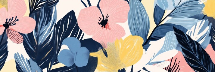 Aufkleber - Colorful retro risograph floral pattern with vibrant blooms and lush leaves on a soft background. Generative AI