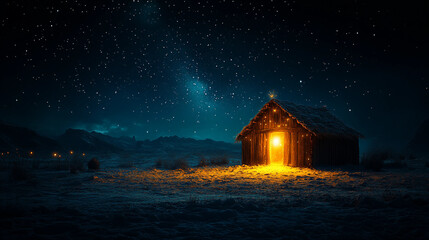 christmas house in the snow, house in the night, christmas tree in the night