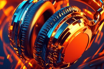 Poster - Detailed 3D close up visual of sleek headphones showcasing vibrant metallic colors and intricate design elements. Generative AI