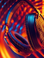 Poster - Close up view of modern headphones showcasing design and color against vibrant background. Generative AI