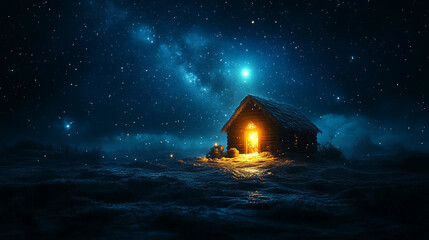 christmas house in the snow, house in the night, christmas tree in the night