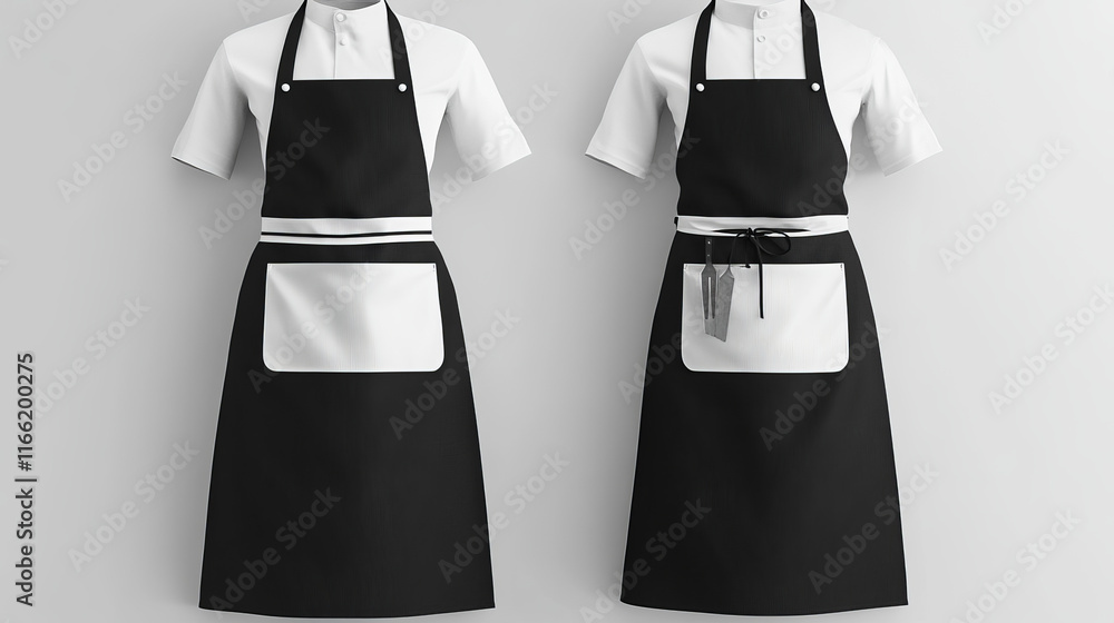 Chef aprons, black and white cook uniform 3d vector mockup. Kitchen or ...