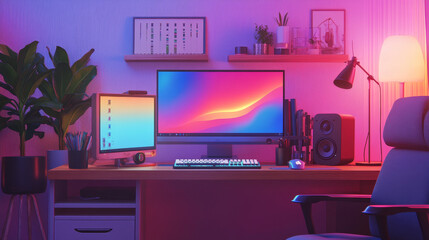 Gamer room design elements set isolated on background. Vector cartoon illustration of programmer workplace, desktop computer screens, keyboard, mouse on desk, loudspeaker, armchair, web camera, shelf