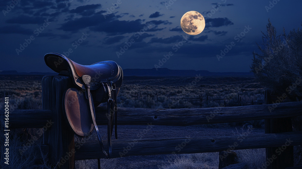 Western country landscape with horse saddle on wooden fence at night ...