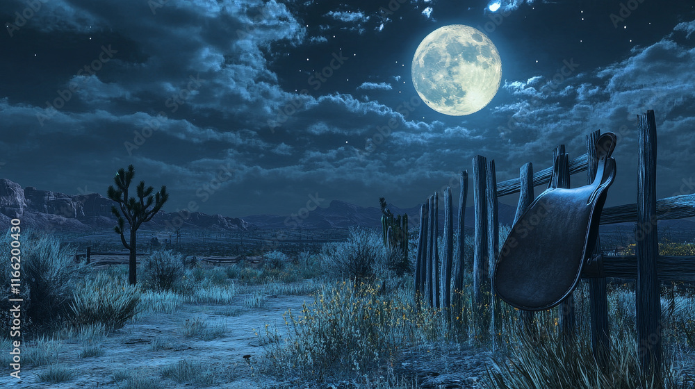 Western country landscape with horse saddle on wooden fence at night ...
