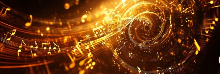 Aufkleber - Dynamic 3D music notes swirl through a vibrant golden background creating a mesmerizing visual experience. Generative AI