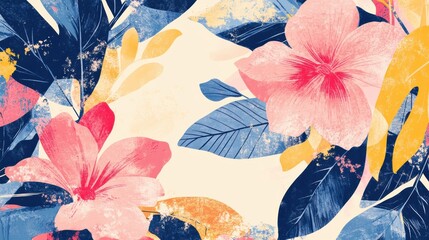 Aufkleber - Retro risograph inspired design with vibrant floral elements and colorful leaves in a contemporary style. Generative AI