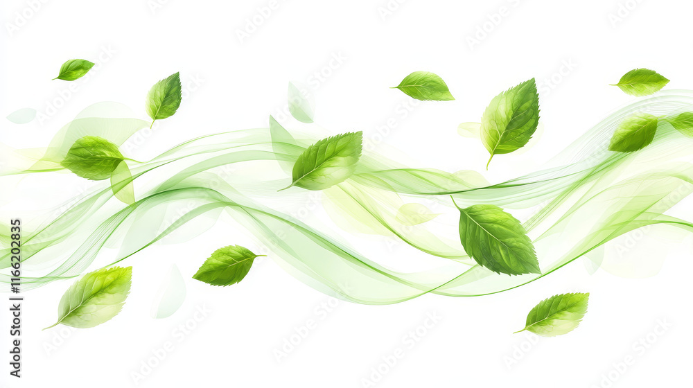 Realistic set of abstract green waves with leaves isolated on ...