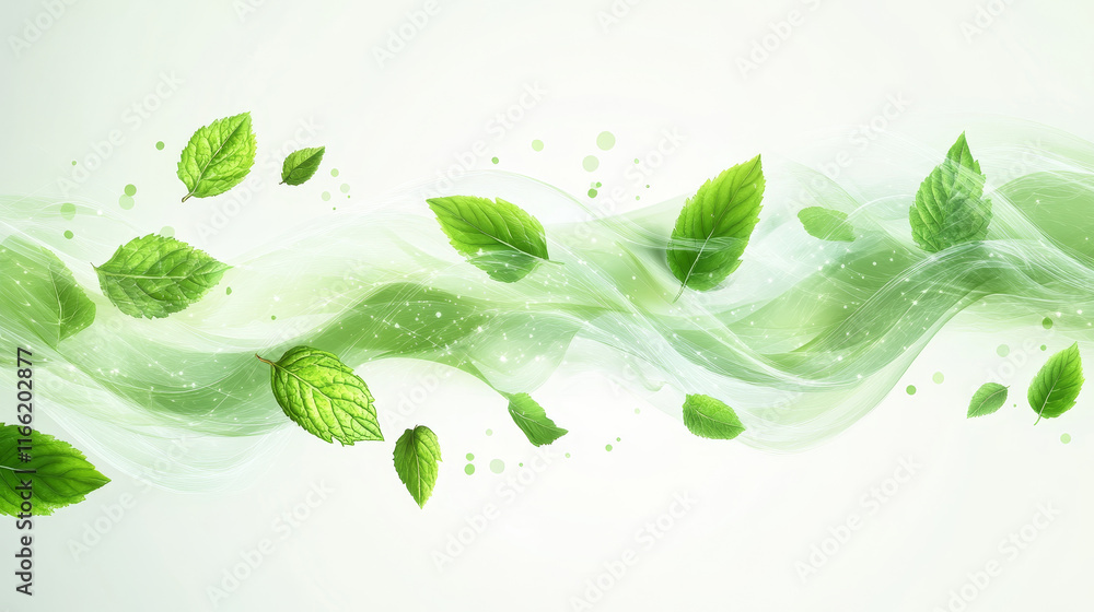 Realistic set of abstract green waves with leaves isolated on ...