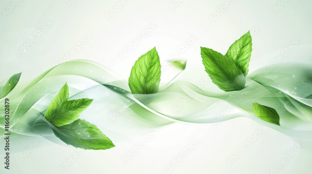 Realistic set of abstract green waves with leaves isolated on ...