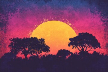 Aufkleber - Retro risograph inspired sunset over silhouettes of trees in a colorful landscape. Generative AI